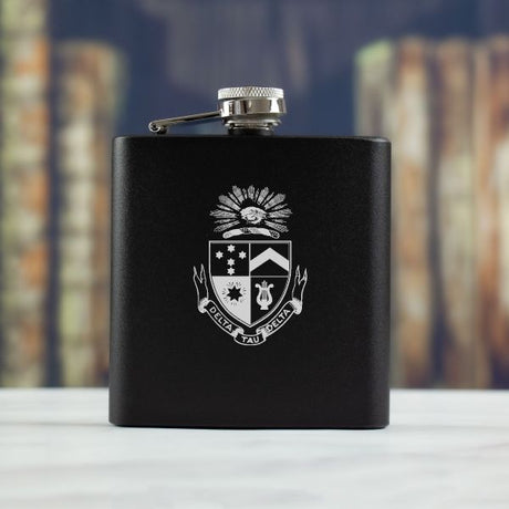 Personalized 6oz Matte Black Powder Coated Stainless Steel FSK602 Custom Engraved Delta Tau Delta Coat of Arms
