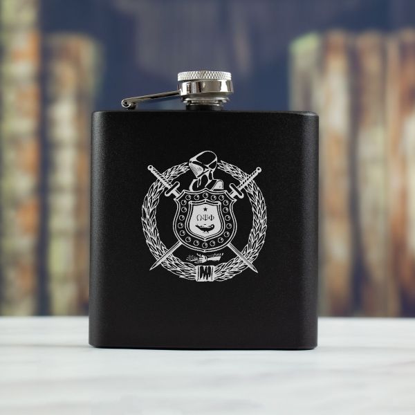 Personalized 6oz Matte Black Powder Coated Stainless Steel FSK602 Custom Engraved Omega Psi Phi Coat of Arms