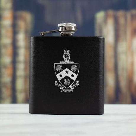 Personalized 6oz Matte Black Powder Coated Stainless Steel FSK602 Custom Engraved Phi Gamma Delta Coat of Arms
