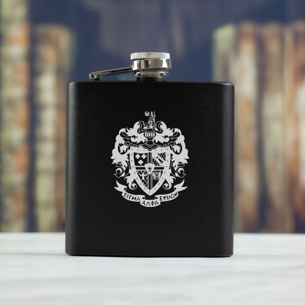 Personalized 6oz Matte Black Powder Coated Stainless Steel FSK602 Custom Engraved Sigma Alpha Epsilon Coat of Arms