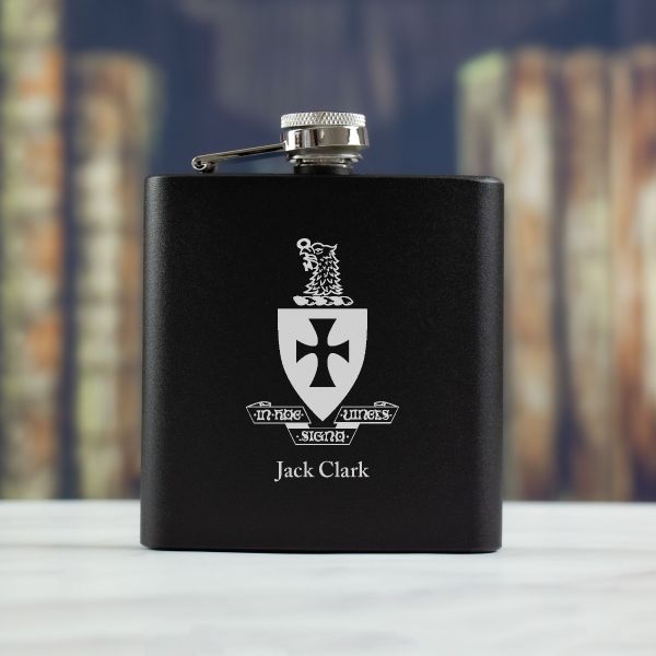 Personalized 6oz Matte Black Powder Coated Stainless Steel FSK602 Custom Engraved Sigma Chi Coat of Arms
