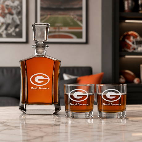 Green Bay Packers Decanter Gift Set - Football Fanatic Gift Ideas - Crown Classic Personalized Whiskey Decanter Set