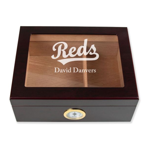 Personalized Cigar Humidor - Engraved Cincinnati Reds Baseball Team Logo Design