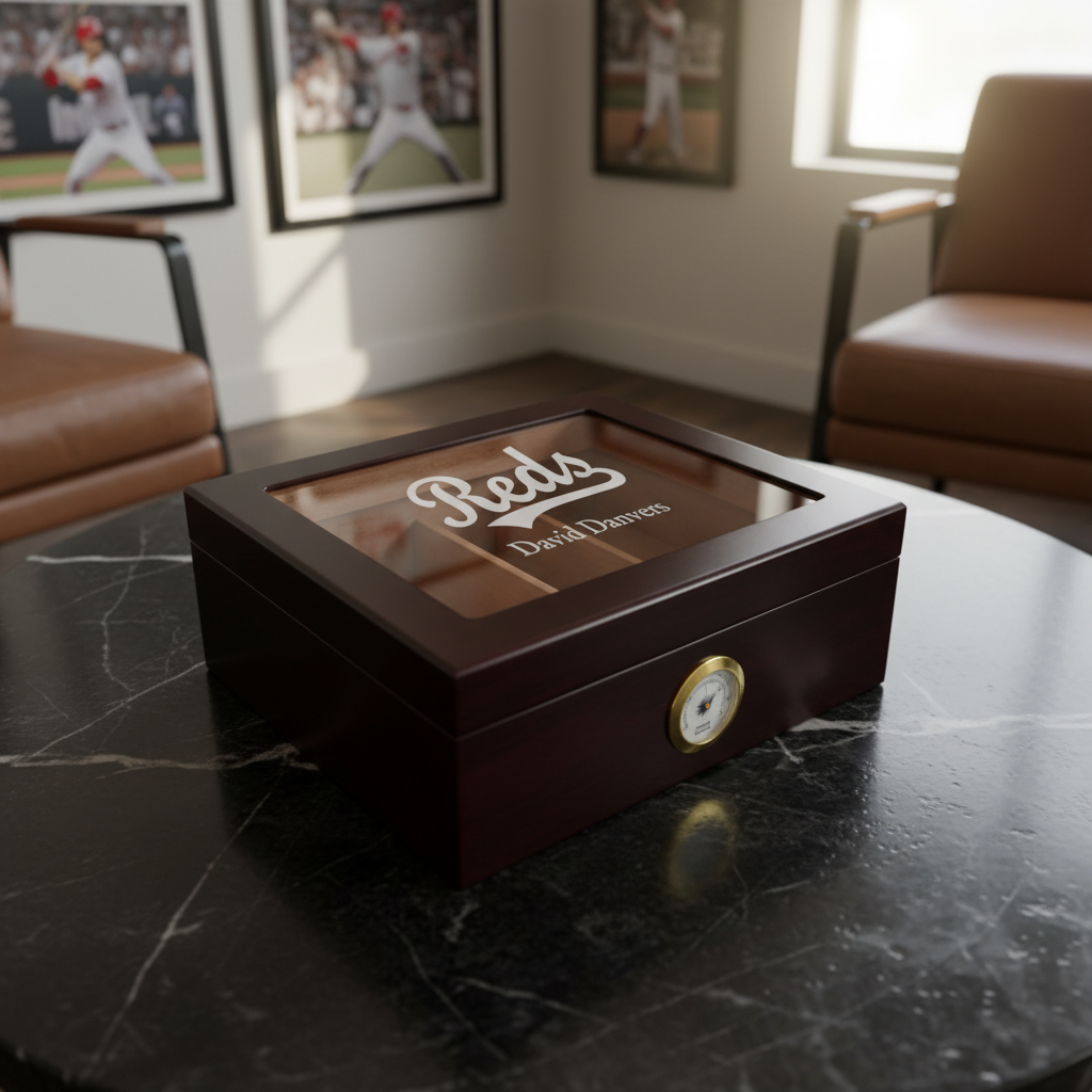 Personalized Cigar Humidor - Engraved Cincinnati Reds Baseball Team Logo Design