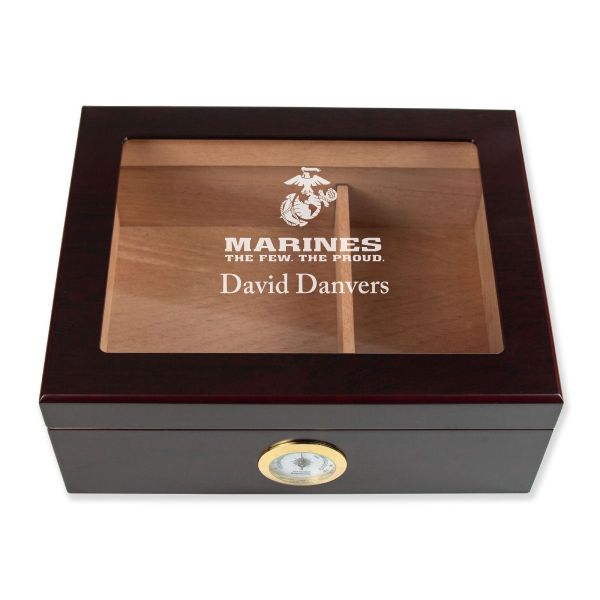 Personalized Cigar Humidor - Engraved US Marines Logo Design - Man Cave Gift Ideas - Gifts For Him