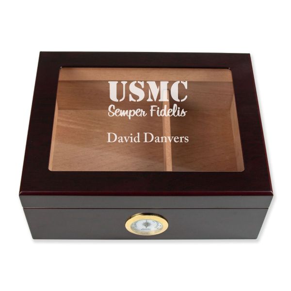 Personalized Cigar Humidor - Engraved USMC Semper Fidelis Logo Design - Man Cave Gift Ideas - Gifts For Him