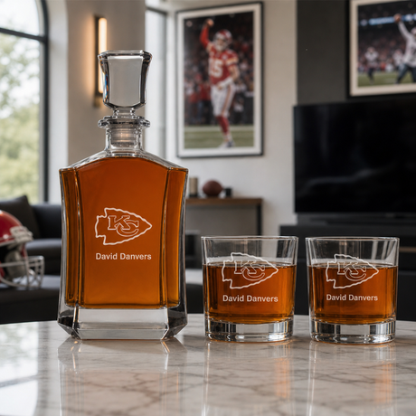 Kansas City Chiefs Decanter Gift Set - Football Fanatic Gift Ideas - Crown Classic Personalized Whiskey Decanter Set