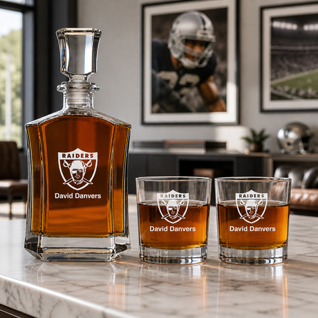 Las Vegas Raiders Decanter Gift Set - Football Fanatic Gift Ideas - Crown Classic Personalized Whiskey Decanter Set