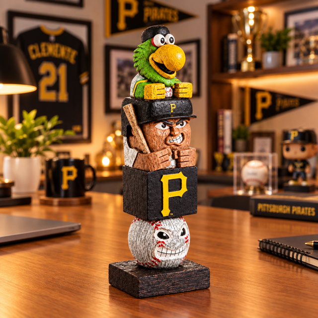 A Pittsburgh Pirates-themed wooden stacking figurine displayed on a wooden table in a themed room. The figurine features a green bird character on top, followed by a wooden figure wearing a black cap with a yellow 'P' logo, a black box with a large yellow 'P', and a white baseball with a painted face at the bottom, all resting on a dark wooden base.