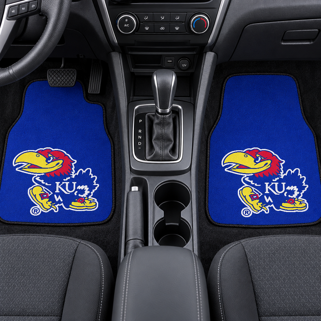 Two blue car mats with a colorful logo and 'KU' text on a white background