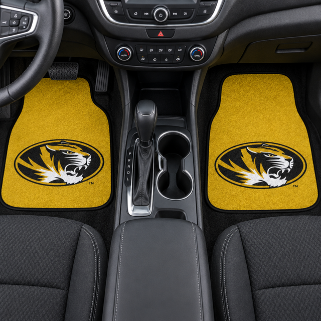 Two yellow car mats with a tiger logo on a white background