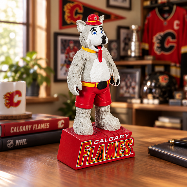 Animated character figure with red shorts and a Calgary Flames logo