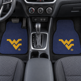 Two blue car mats with yellow logo on a white background