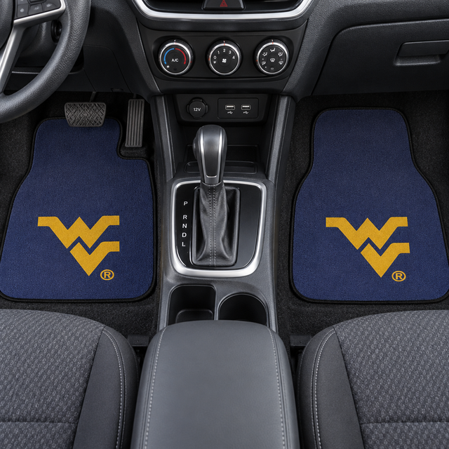 Two blue car mats with yellow logo on a white background