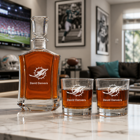 Miami Dolphins Decanter Gift Set - Football Fanatic Gift Ideas - Crown Classic Personalized Whiskey Decanter Set