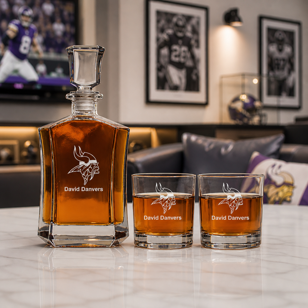 Minnesota Vikings Decanter Gift Set - Football Fanatic Gift Ideas - Crown Classic Personalized Whiskey Decanter Set