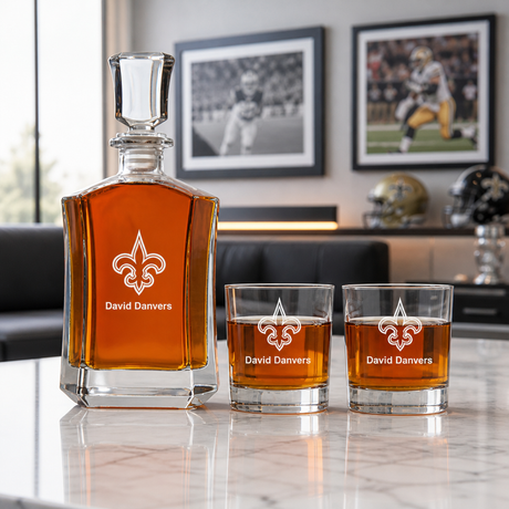 New Orleans Saints Decanter Gift Set - Football Fanatic Gift Ideas - Crown Classic Personalized Whiskey Decanter Set
