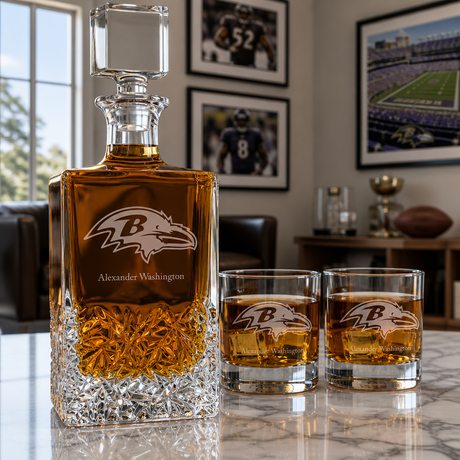 Personalized Baltimore Ravens - Personalized Excalibur Decanter Set with Whiskey Glasses - Man Cave Gifts - Gifts for Him
