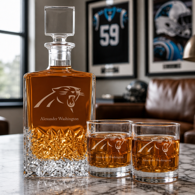 Personalized Carolina Panthers - Personalized Excalibur Decanter Set with Whiskey Glasses - Man Cave Gifts - Gifts for Him
