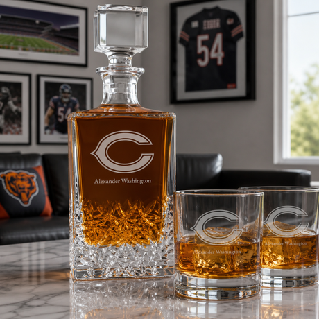 Personalized Chicago Bears - Personalized Excalibur Decanter Set with Whiskey Glasses - Man Cave Gifts - Gifts for Him