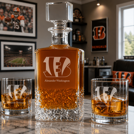 Personalized Cincinnati Bengals - Personalized Excalibur Decanter Set with Whiskey Glasses - Man Cave Gifts - Gifts for Him