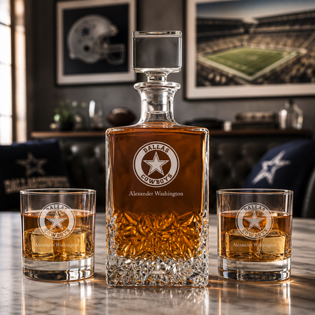 Personalized Dallas Cowboys Circle Logo - Personalized Excalibur Decanter Set with Whiskey Glasses - Man Cave Gifts - Gifts for Him