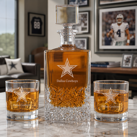 Personalized Dallas Cowboys Star - Personalized Excalibur Decanter Set with Whiskey Glasses - Man Cave Gifts - Gifts for Him