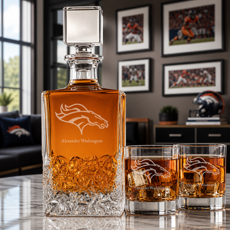 Personalized Denver Broncos - Personalized Excalibur Decanter Set with Whiskey Glasses - Man Cave Gifts - Gifts for Him