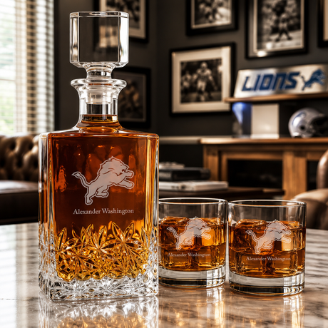 Personalized Detroit Lions - Personalized Excalibur Decanter Set with Whiskey Glasses - Man Cave Gifts - Gifts for Him