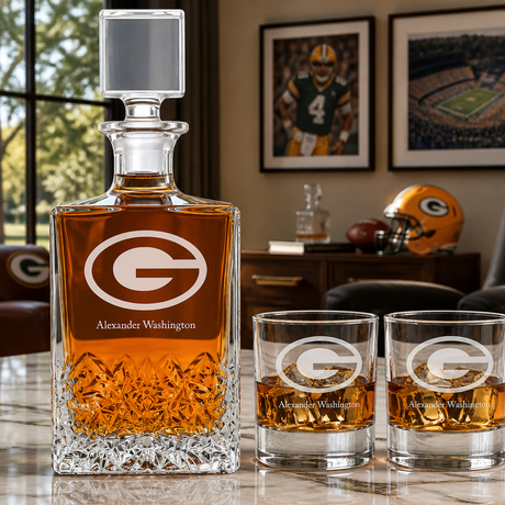Personalized Green Bay Packers - Personalized Excalibur Decanter Set with Whiskey Glasses - Man Cave Gifts - Gifts for Him