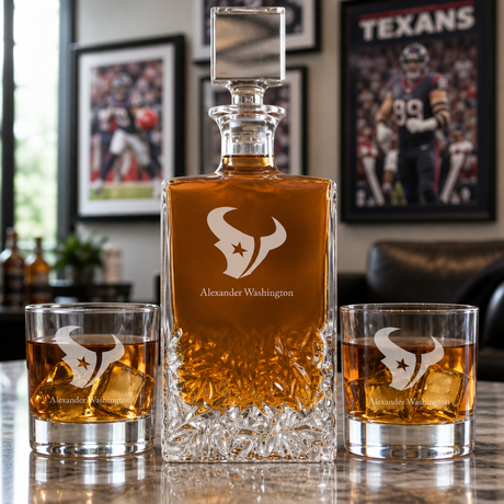 Personalized Houston Texans - Personalized Excalibur Decanter Set with Whiskey Glasses - Man Cave Gifts - Gifts for Him
