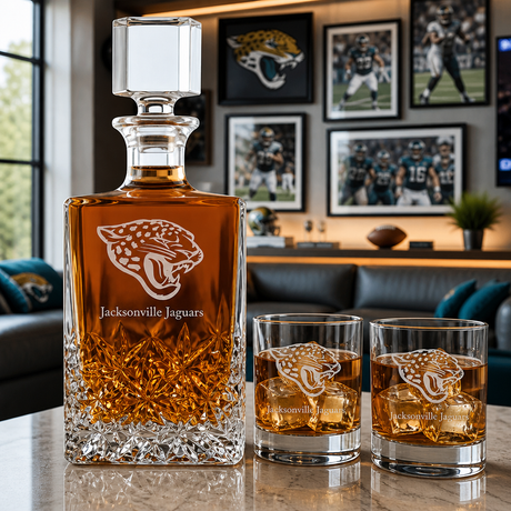 Personalized Jacksonville Jaguars - Personalized Excalibur Decanter Set with Whiskey Glasses - Man Cave Gifts - Gifts for Him