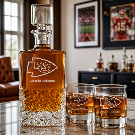 Personalized Kansas City Chiefs - Personalized Excalibur Decanter Set with Whiskey Glasses - Man Cave Gifts - Gifts for Him
