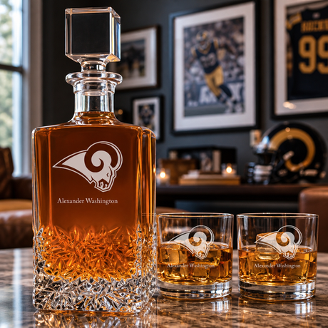 Personalized LA Rams - Personalized Excalibur Decanter Set with Whiskey Glasses - Man Cave Gifts - Gifts for Him
