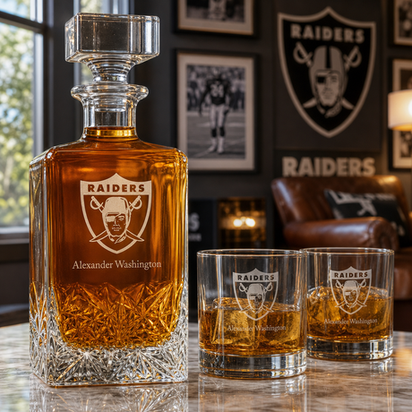 Personalized Las Vegas Raiders - Personalized Excalibur Decanter Set with Whiskey Glasses - Man Cave Gifts - Gifts for Him