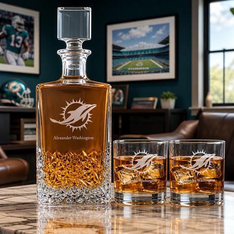 Personalized Miami Dolphins - Personalized Excalibur Decanter Set with Whiskey Glasses - Man Cave Gifts - Gifts for Him