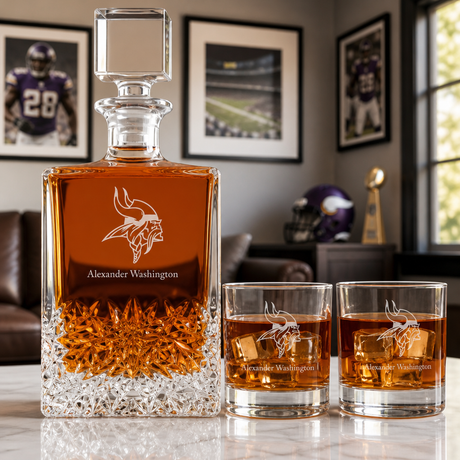 Personalized Minnesota Vikings - Personalized Excalibur Decanter Set with Whiskey Glasses - Man Cave Gifts - Gifts for Him