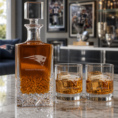 Personalized New England Patriots - Personalized Excalibur Decanter Set with Whiskey Glasses - Man Cave Gifts - Gifts for Him