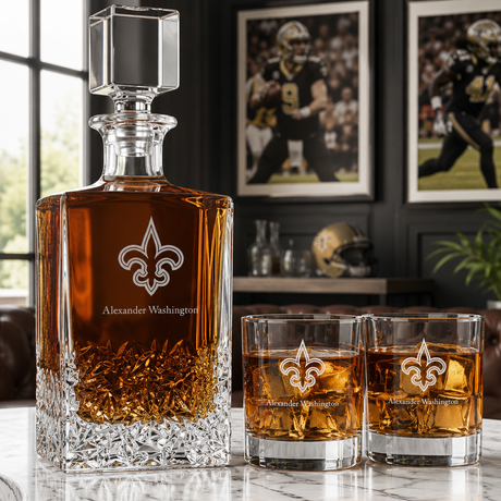Personalized New Orleans Saints - Personalized Excalibur Decanter Set with Whiskey Glasses - Man Cave Gifts - Gifts for Him