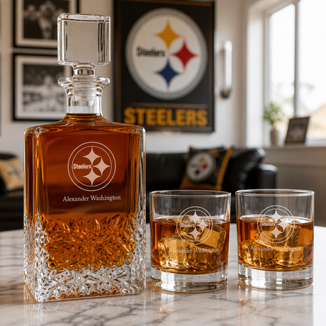 Personalized Pittsburgh Steelers - Personalized Excalibur Decanter Set with Whiskey Glasses - Man Cave Gifts - Gifts for Him