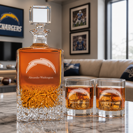 Personalized San Diego Chargers - Personalized Excalibur Decanter Set with Whiskey Glasses - Man Cave Gifts - Gifts for Him