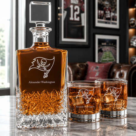 Personalized Tampa Bay Buccaneers - Personalized Excalibur Decanter Set with Whiskey Glasses - Man Cave Gifts - Gifts for Him