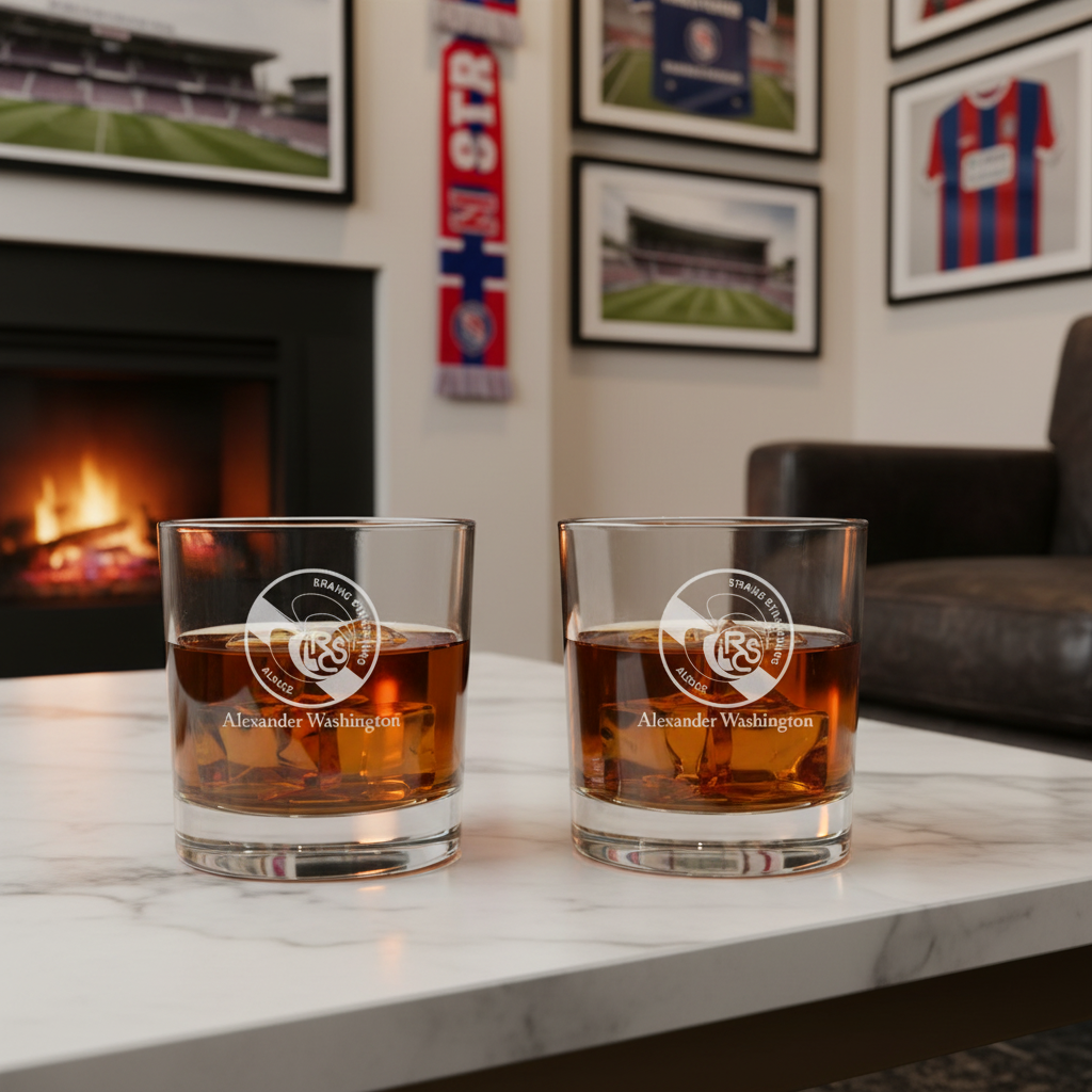 Engraved Racing Club de Strasbourg Rocks Glass - Ligue 1 France Football - Personalized Whiskey Glasses - Man Cave Gift Ideas - Gifts For Him - Soccer Fanatic - 2pcs