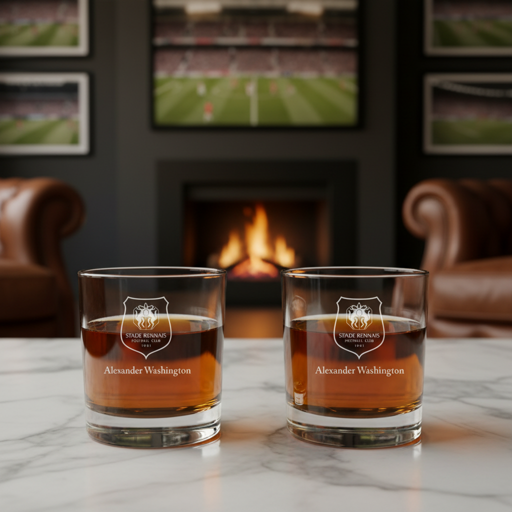 Engraved Stade Rennais Rocks Glass - Ligue 1 France Football - Personalized Whiskey Glasses - Man Cave Gift Ideas - Gifts For Him - Soccer Fanatic - 2pcs