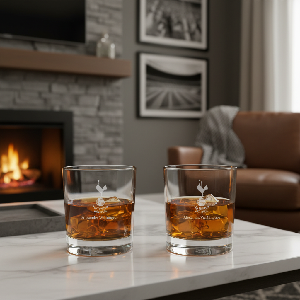 Engraved Tottenheim Hotspur Rocks Glass - Premier League Football - Personalized Whiskey Glasses - Man Cave Gift Ideas - Gifts For Him - Soccer Fanatic - 2pcs