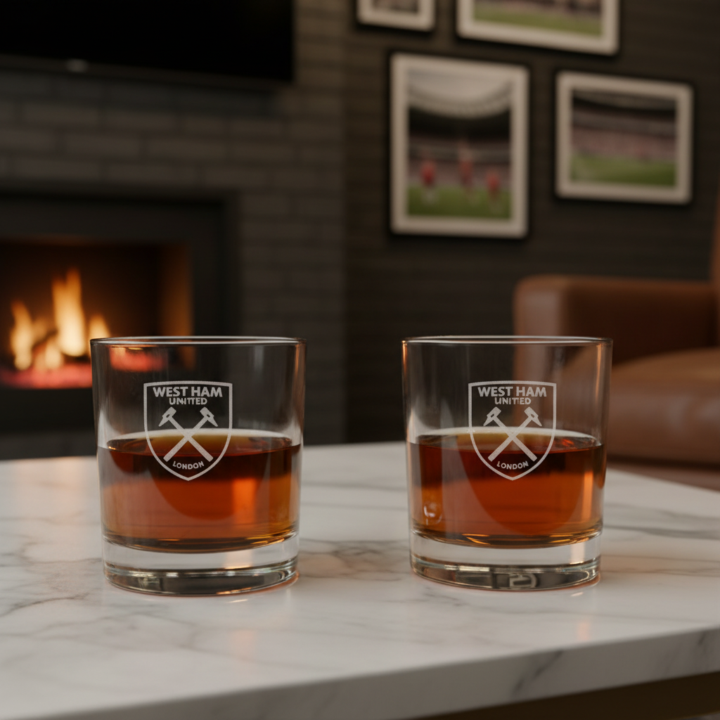 Engraved West Ham United Football Club Rocks Glass - Premier League Football - Personalized Whiskey Glasses - Man Cave Gift Ideas - Gifts For Him - Soccer Fanatic - 2pcs