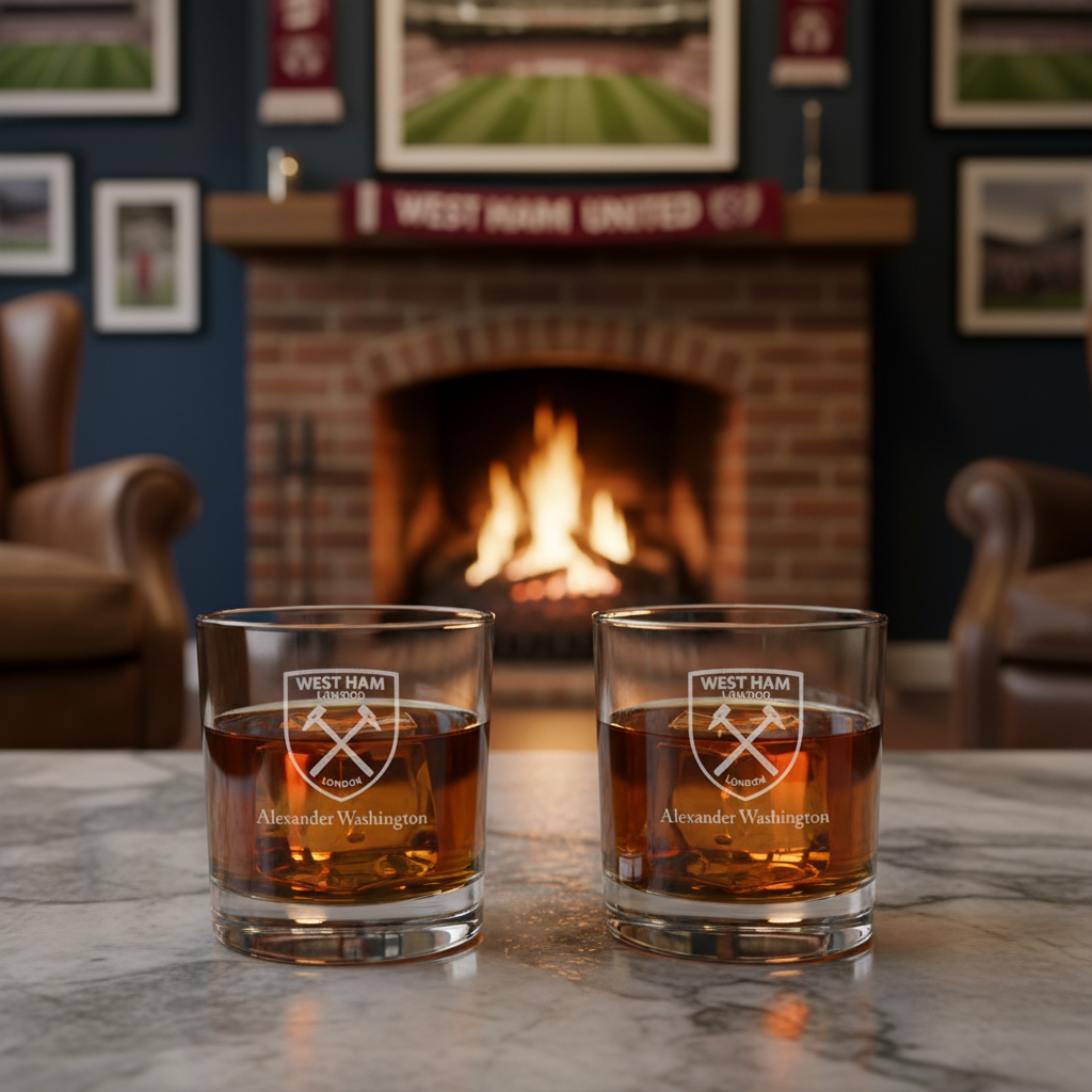 Engraved West Ham United Football Club Rocks Glass - Premier League Football - Personalized Whiskey Glasses - Man Cave Gift Ideas - Gifts For Him - Soccer Fanatic - 2pcs