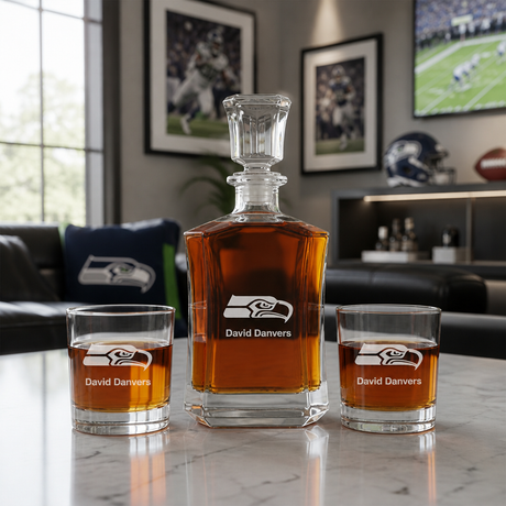 Seattle Seahawks Decanter Gift Set - Football Fanatic Gift Ideas - Crown Classic Personalized Whiskey Decanter Set