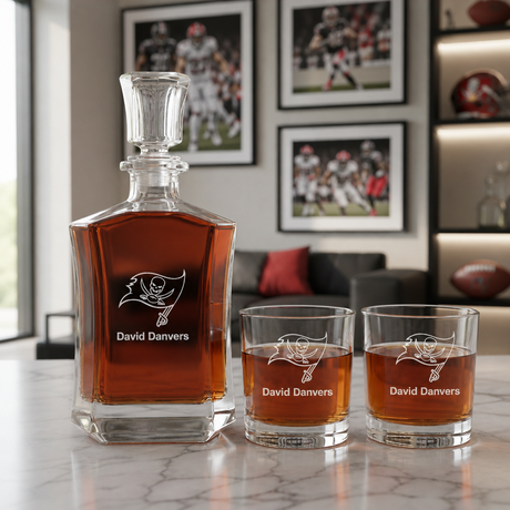 Tampa Bay Buccaneers Decanter Gift Set - Football Fanatic Gift Ideas - Crown Classic Personalized Whiskey Decanter Set
