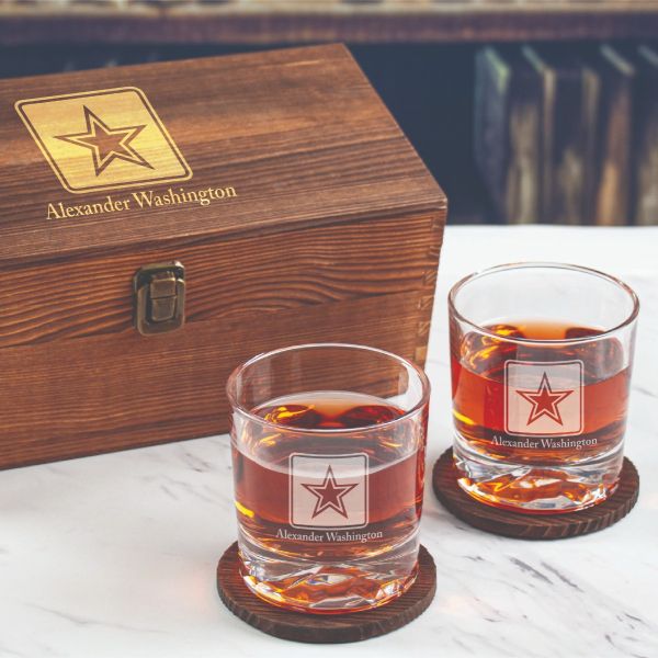 Custom Engraved US Army Star - Personalized Whiskey Glasses In Wood Gift Box